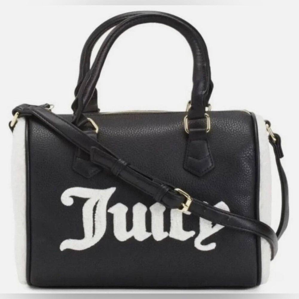 JUICY COUTURE Flashback Black Leather White Sherpa Satchel Crossbody